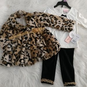 NWT 3pc Leopard Coat, Ivory Top, Black Pants Set